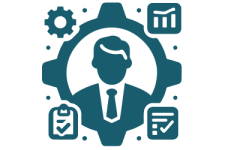 automationconsulting_icon-3 Icon of a business professional surrounded by gears and charts representing automation consulting services and strategic guidance.