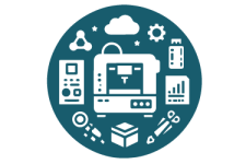 prototyping_icon Icon of a 3D printer with tools and design elements representing prototyping, testing, and product development services.